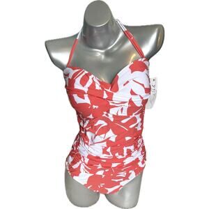 Anne Cole Womens One Piece Swimsuit Sz 14 Floral Coral Orange White Wireless NEW